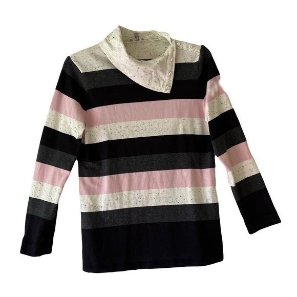 T by Talbots | Pink Black Speckled Striped Split Funnel Neck Top, Medium Petite - Picture 1 of 7